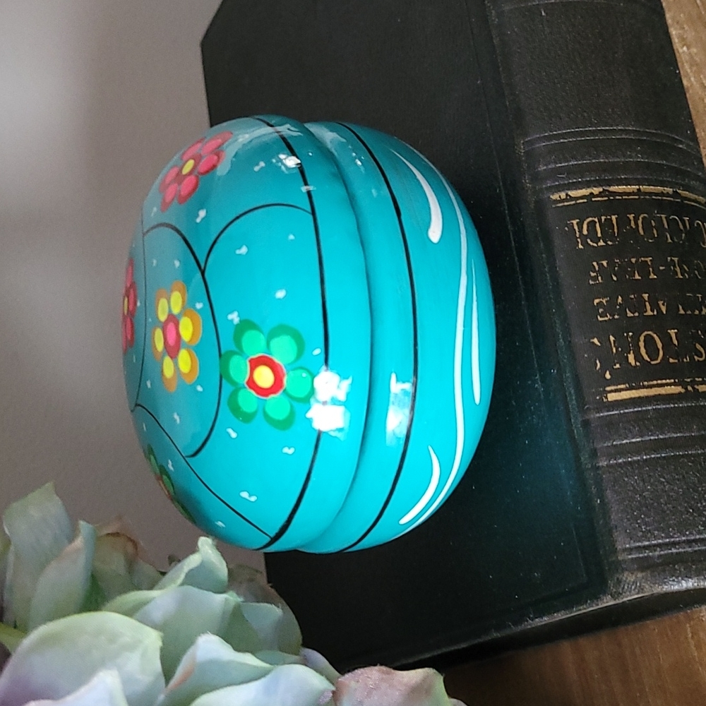 Mexican Hand-Painted Turquoise Blue Floral Design Clay Pot Trinket Holder